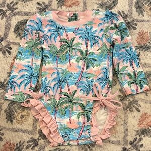 Caden Lane Long-Sleeve One-Piece Rash Guard Swimsuit - Pink Palm Print